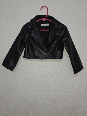 Girls' Black Faux Leather Moto Jacket  Stylish Kids Coat YOUNG HEARTS 3T